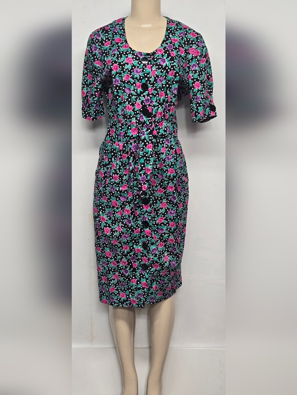 Positive Attitude 9-10 Vintage Dress Button Down Floral Short Sleeves Cotton